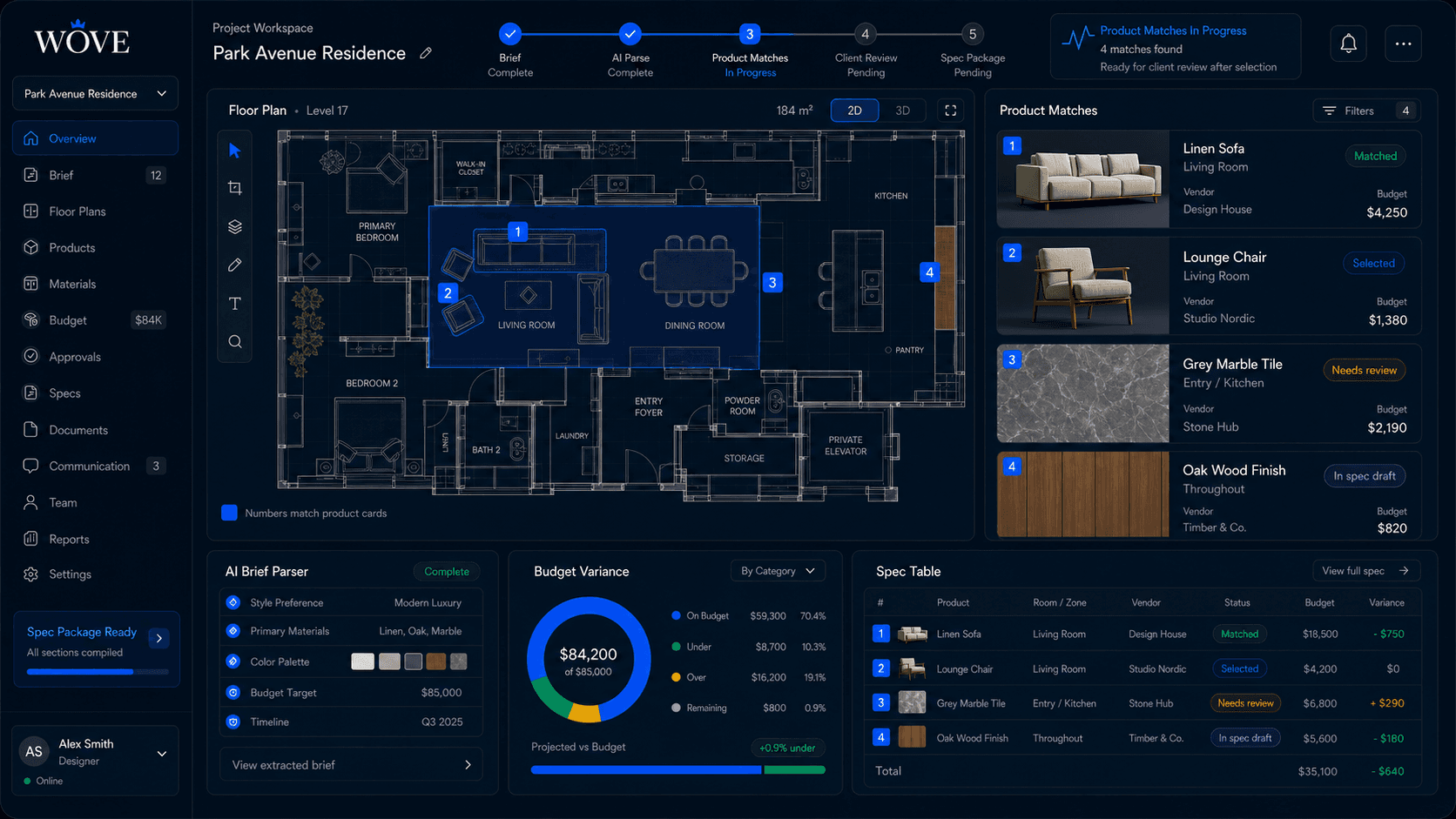 WOVE product screen: Project Workspace